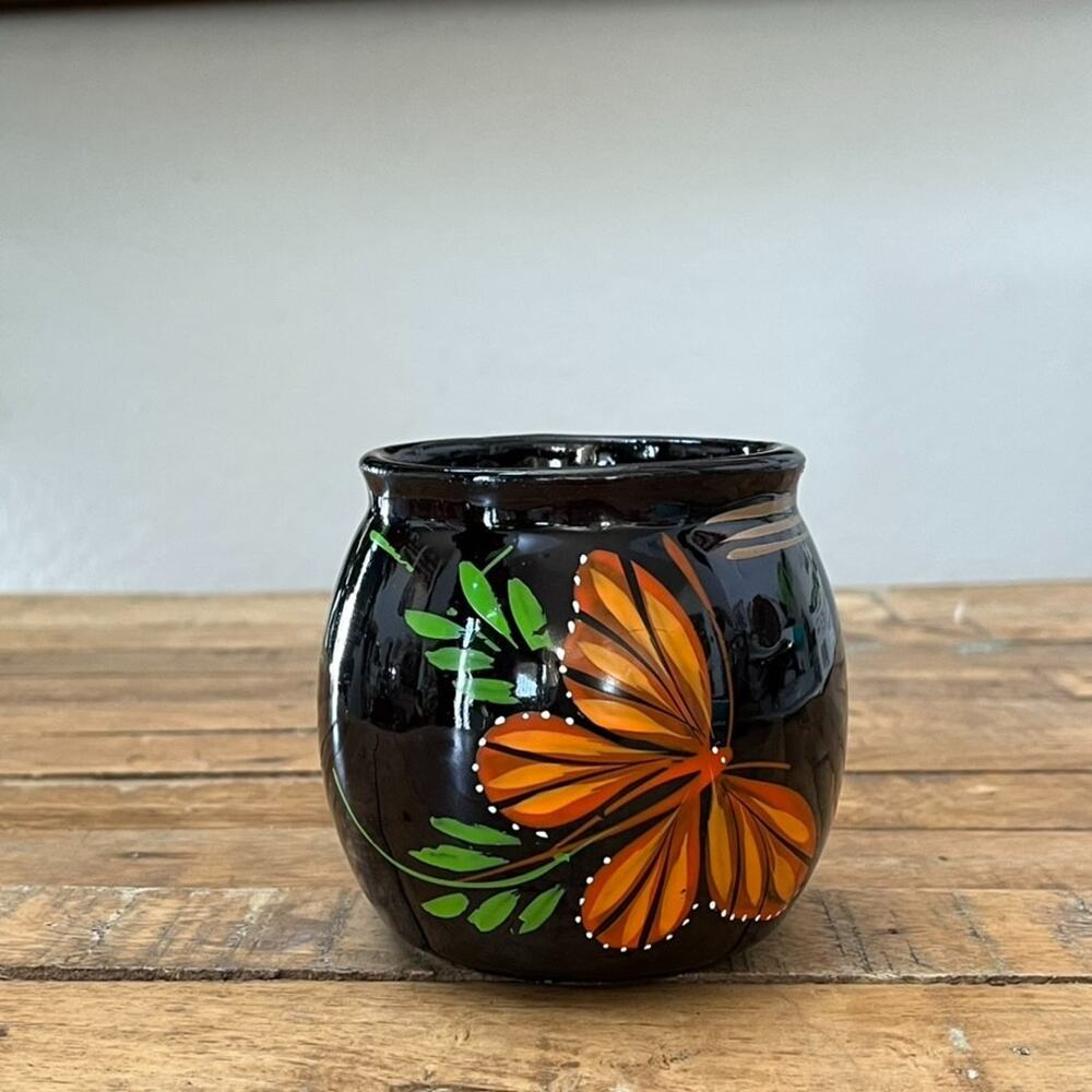 Mexican Black Clay Coffee Mugs Tazas de Barro Hand Painted Butterfly